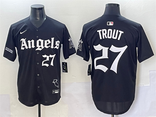 Men's Los Angeles Angels #27 Mike Trout Black 'Gothic Halo Edition' Vapor Limited Stitched Baseball Jersey